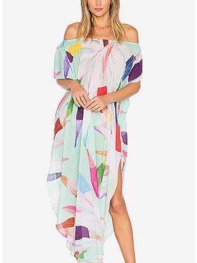 Mara Hoffman Marimba off the shoulder Dashiki dress in aqua multi | XS/S